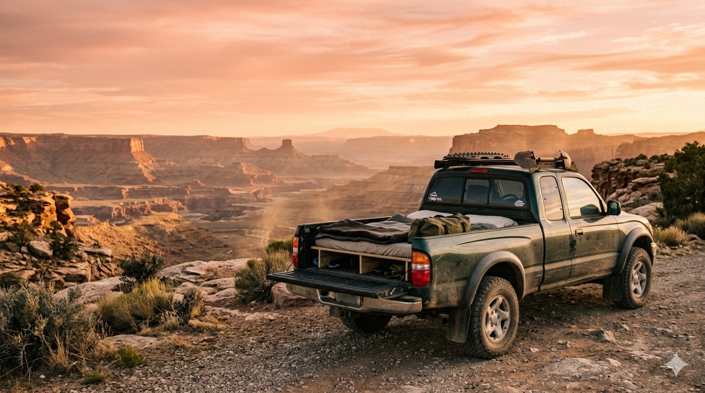 Birch platform installed in a truck bed at a canyon overlook